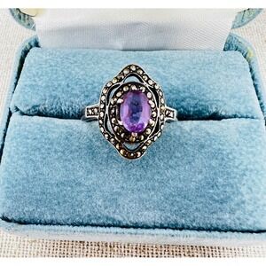 Vintage Sterling Silver Amethyst Marcasite Art Deco Style Cocktail Ring Size 9